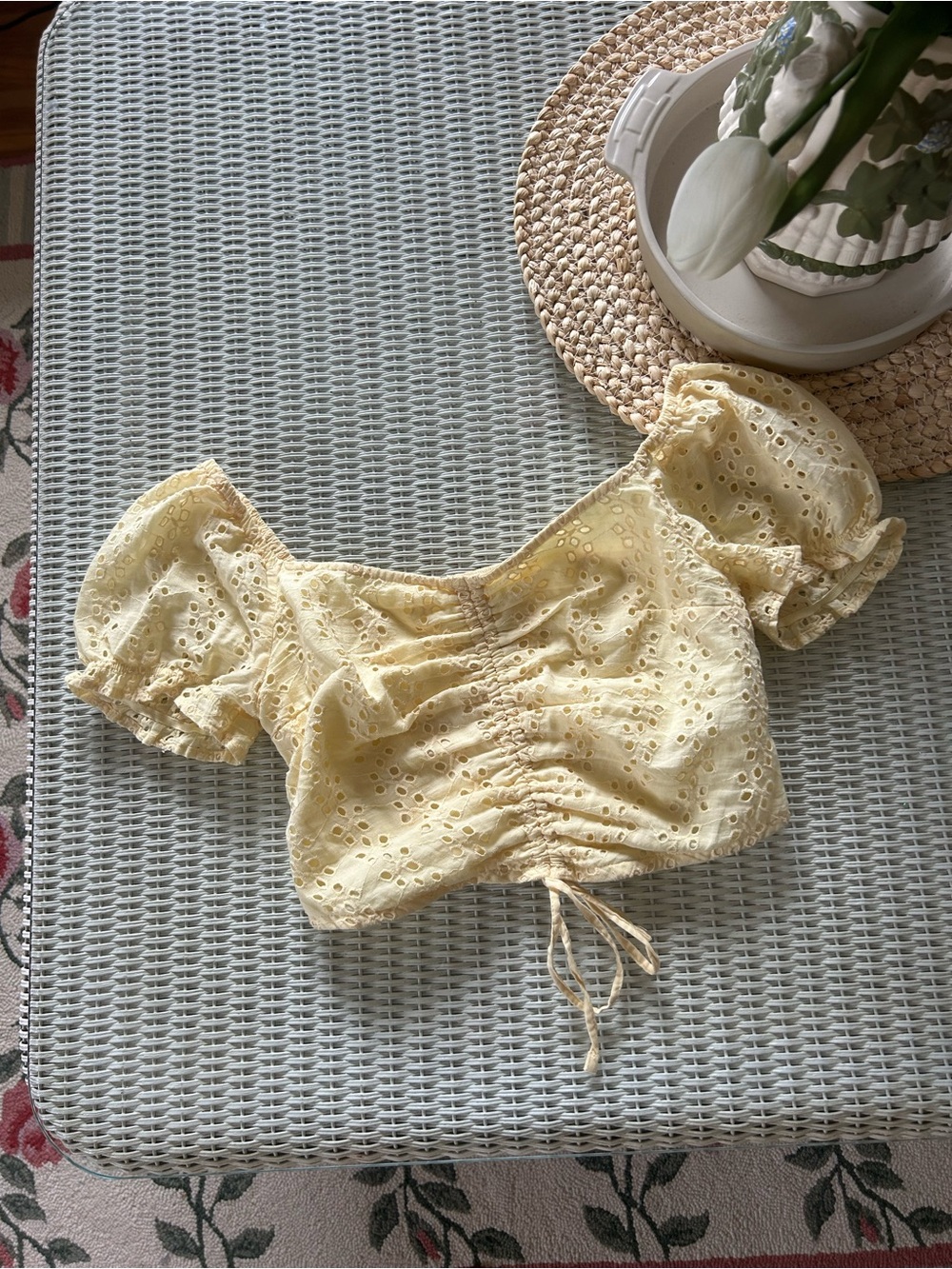 Hollister Yellow Eyelet Ruched Puff-Sleeve Crop Top